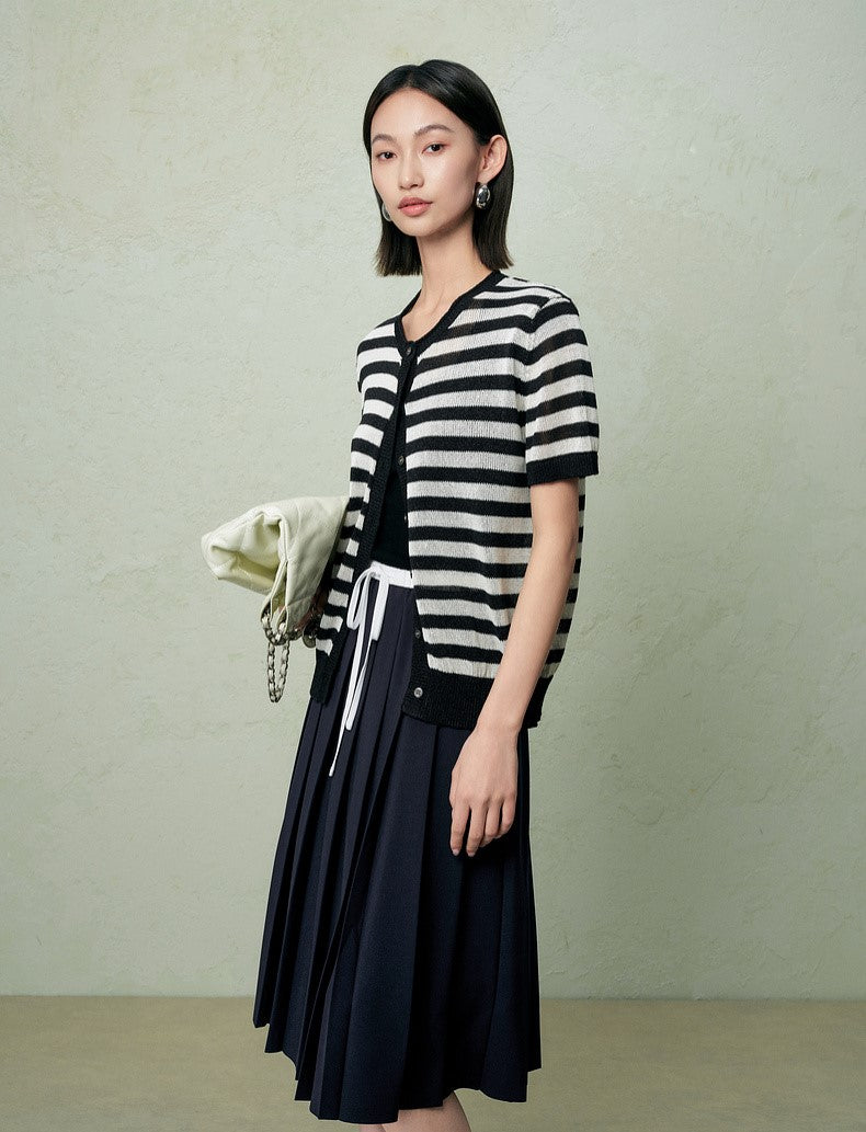 SUSHE light hollow texture striped short-sleeved knit sweater new stretch loose top -BESS