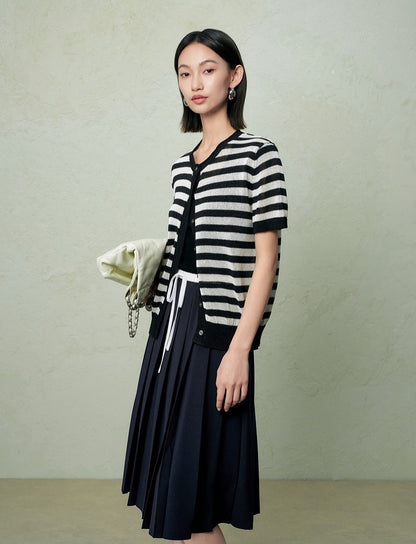 SUSHE light hollow texture striped short-sleeved knit sweater new stretch loose top -BESS