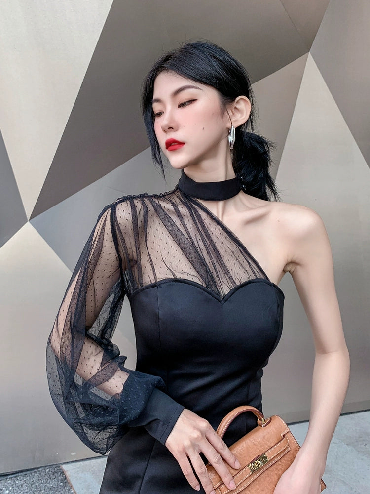 DOLLY Elegant Black One Shoulder Mesh Puff Long Sleeve Slim Fit Dinner Dress-AGNES