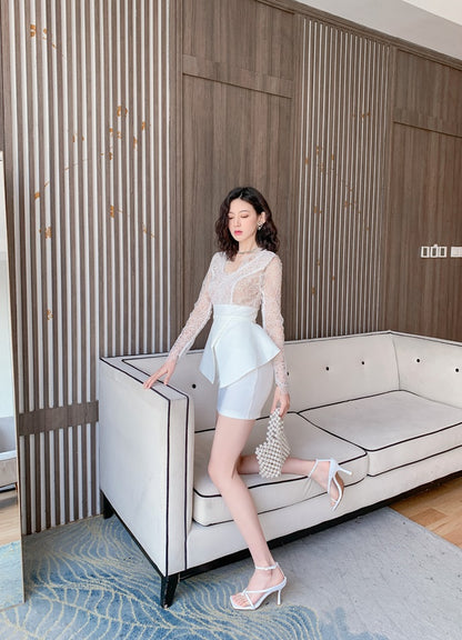 DOLLY Elegant White V-Neck Long Sleeve High Waist Peplum Short Date Dress-LOUIS