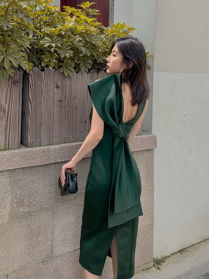 DOLLY Luxury Halter Neck Sleeveless Backless Big Bow Dinner Dress-PELA