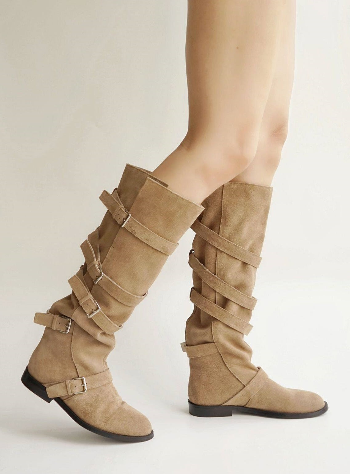 B-FEI belt buckle high-top leather women's fashion boots.
