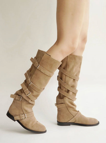 B-FEI belt buckle high-top leather women's fashion boots.