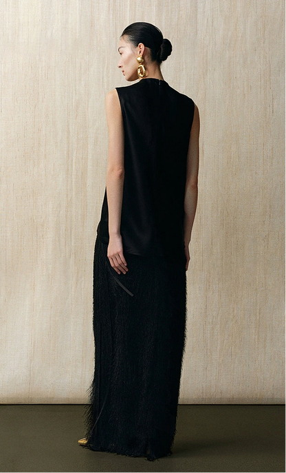 ZHUCHONGYUN crew neck black satin irregular sleeveless top-ASH.