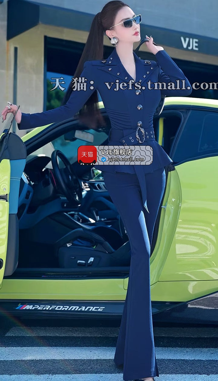 VJE  OL Jacket Micro Flared Pants Two-Piece Set - HIHI.