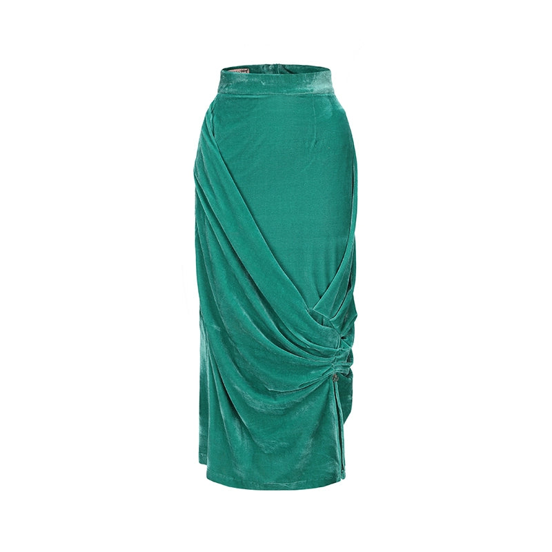 Le Palais Vintage Original New Chinese Green Velvet Wrap Top + Irregular Draped Skirt-TEE.