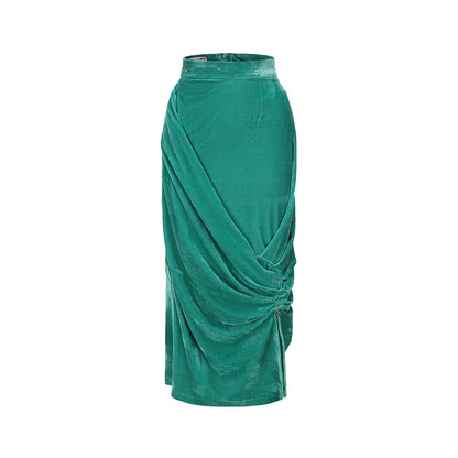 Le Palais Vintage Original New Chinese Green Velvet Wrap Top + Irregular Draped Skirt-TEE.