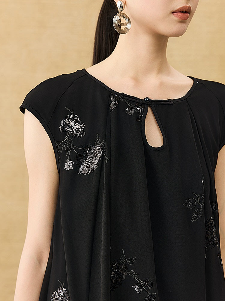HECO Chinese Style Water Drop Neck Shoulder Embroidered Dress - SWEAT.