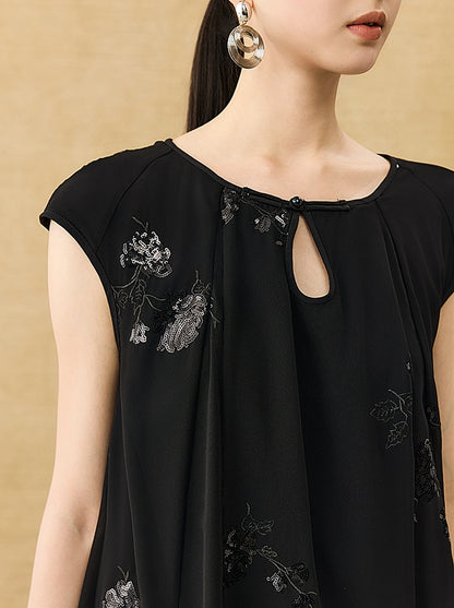 HECO Chinese Style Water Drop Neck Shoulder Embroidered Dress - SWEAT.