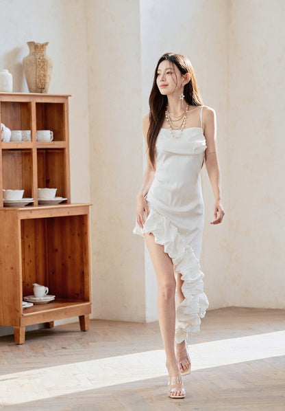 DOLLY Luxury White French Style Stain Sleeveless Irregular Hem Cocktail Dress-Lui