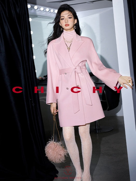 CHICHY Cashmere Classic Pink Reversible Woolen Lace-up Midi Length Coat-GINRO