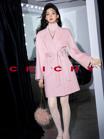 CHICHY Cashmere Classic Pink Reversible Woolen Lace-up Midi Length Coat-GINRO