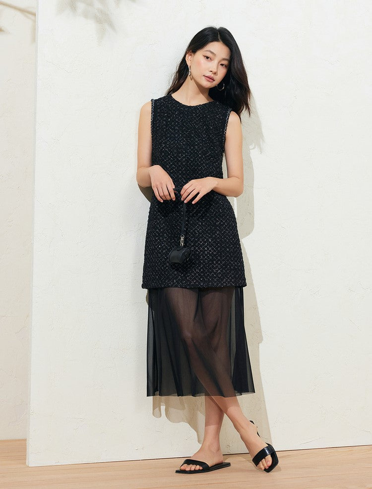 Sushe Dark Urban Party silver tweed mesh sleeveless dress-AVA