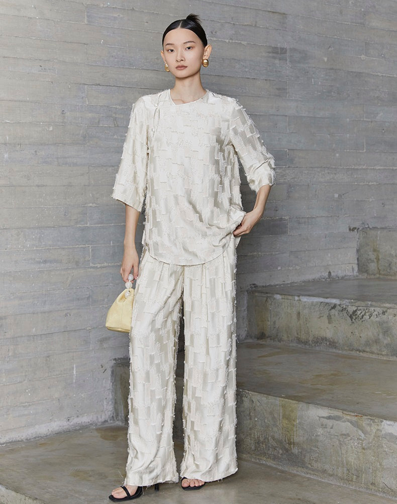 HECO Round Neck Square Tassel Design Texture Shirt Top Women - reign.