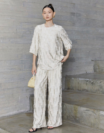 HECO Round Neck Square Tassel Design Texture Shirt Top Women - reign.