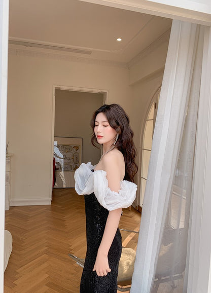 DOLLY Luxury Black Off Shoulder White Ruffle Chest Wrap Long Banquet Dress-NOLA