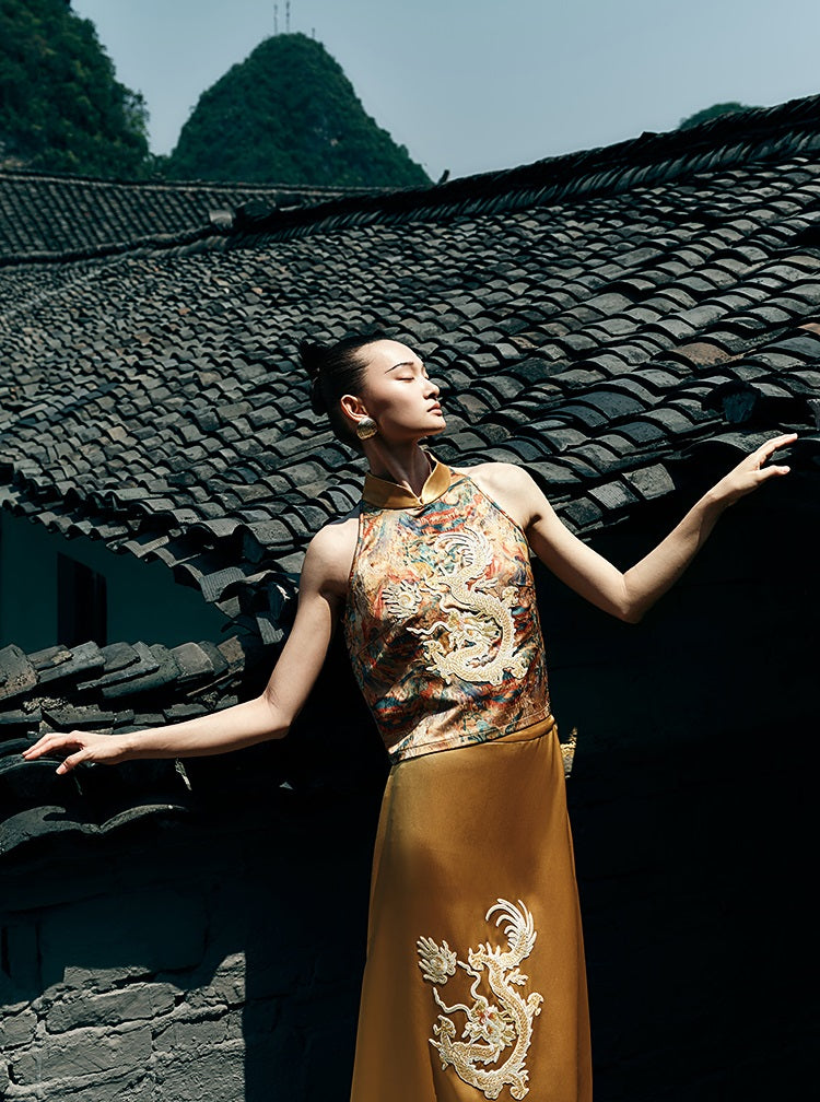 HECO Chinese Retro Mural Golden Dragon Embroidered Vest Top - ERIKA.