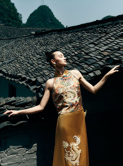 HECO Chinese Retro Mural Golden Dragon Embroidered Vest Top - ERIKA.