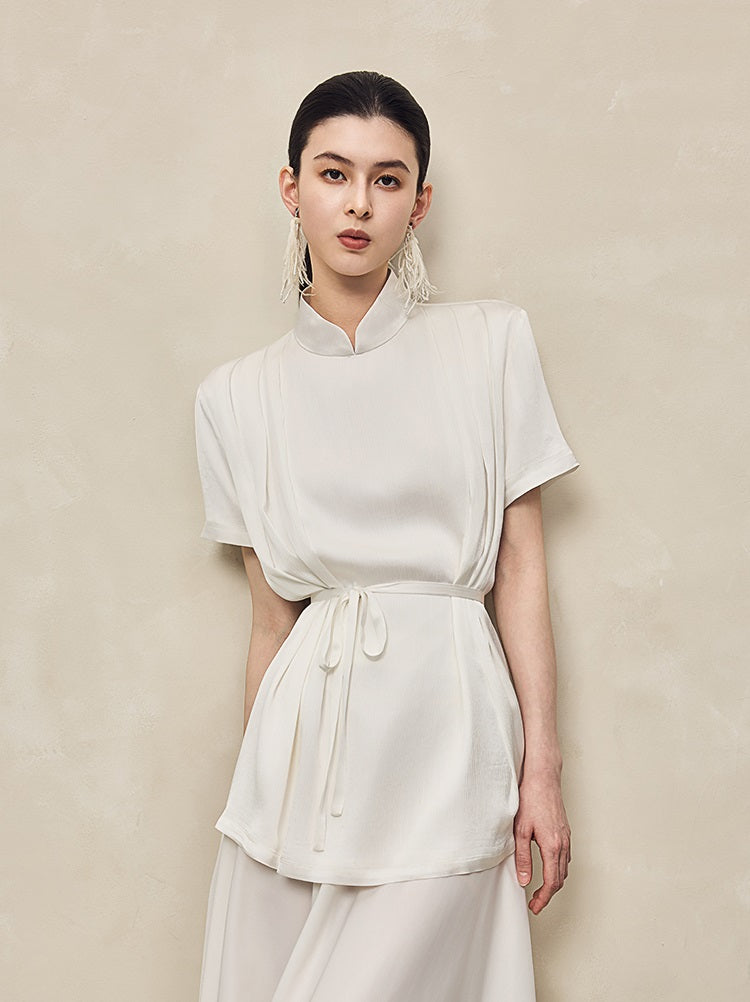 HECO acetate press-pleated cinched waist black white texture t-Shirt - NONE.