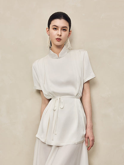 HECO acetate press-pleated cinched waist black white texture t-Shirt - NONE.