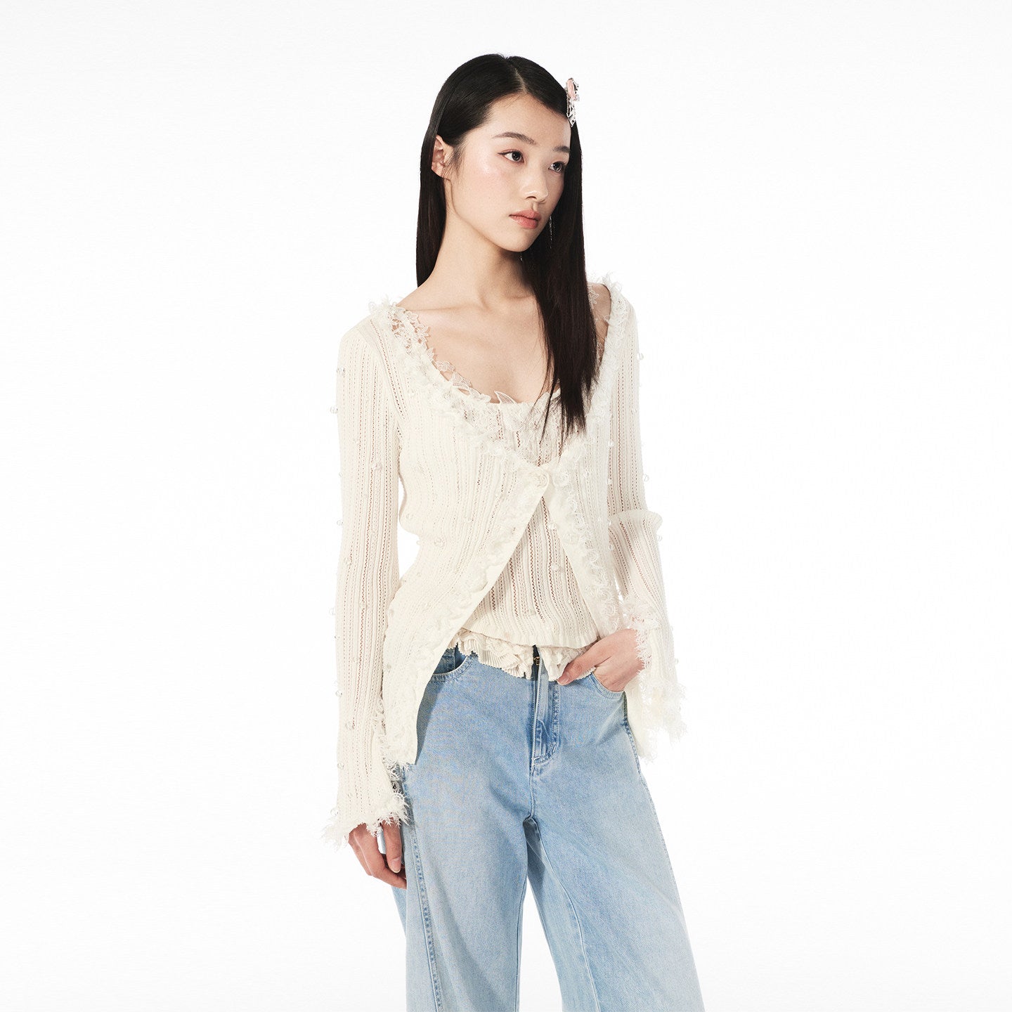 FAME Comfortable Fairy Lace Spliced Knitted Cardigan Top - MASON