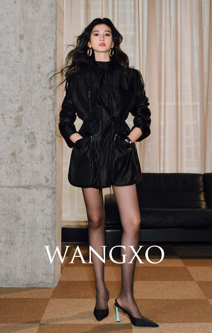 WANGXO | High-End Luxury Silk Brocade Luster Stand-Up Collar Waist 3D Pocket Jackets-VERA