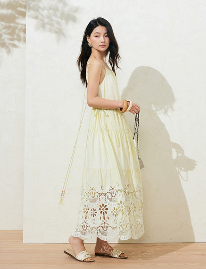 Sushe French Resort Quilted cotton embroidered lace loose A-line long slip dress-LUCY