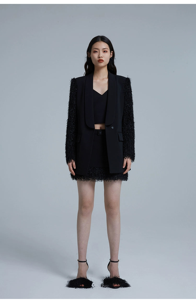 Unique Luxury high-end Womens' tassel sleeve statement blackblazer suit sophisticated elegant