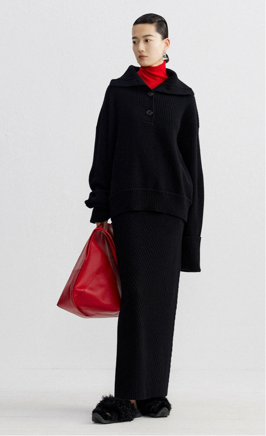 ZHUCHONGYUN winter black lapel loose wool knit top--NANA.