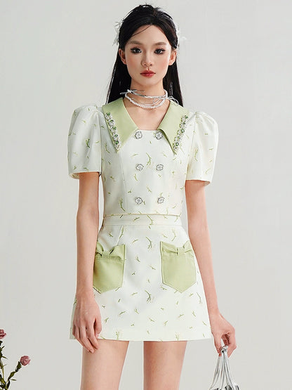 CHECOCRE Cute Bow Pocket Pearl Chain Embroidered  White Suit Set- SETO