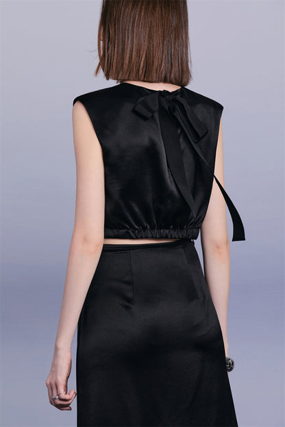 PURITY Luxury  French style minimalist black satin top skirt set- Blaise