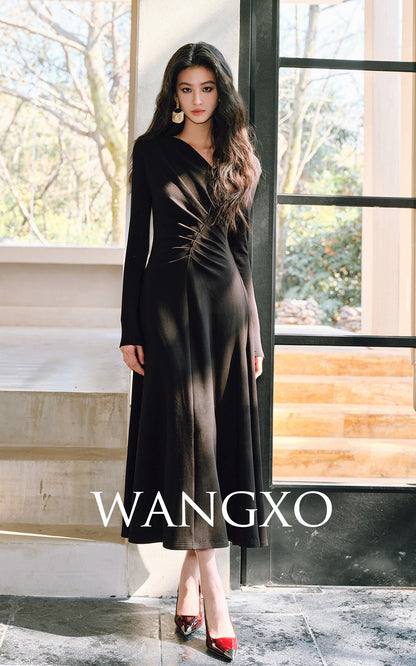 WANGXO | Knitted Fabric Sculptural Pleats Overlapping V-Neck Slim A-Hem Dress-NORA.