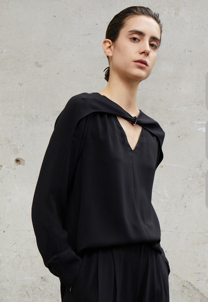 COMME MOI Designer Lu Yan Black Acetate Cutout Design Kink Pleated Shirt - LAINEY.