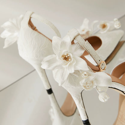 B-FEI white flower wedding ankle strap high heel shoes-MIJI.