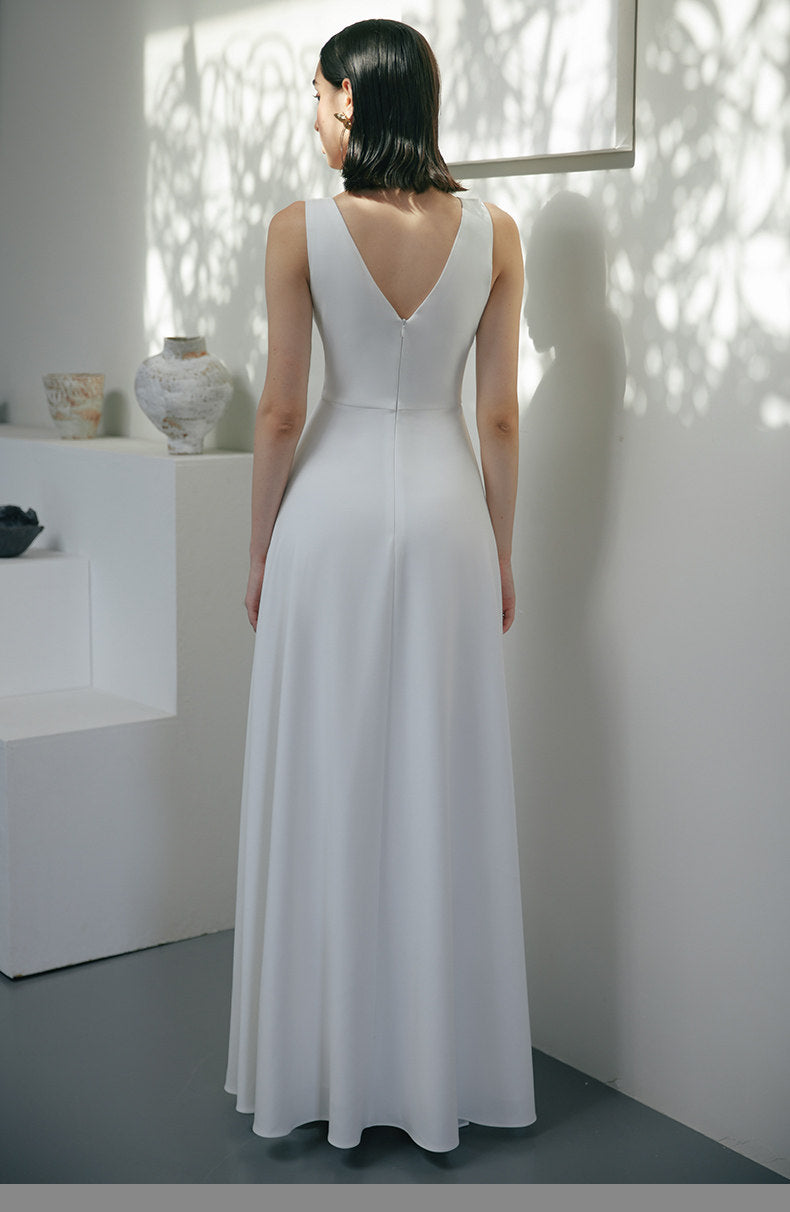GOUDIN white long engagement outdoor light simple evening dress-TAB.