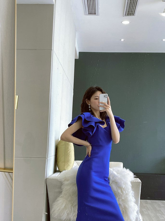 DOLLY Elegant Square Collar Ruffle Short Sleeves Slim Fit Midi Office Dress-HELEN