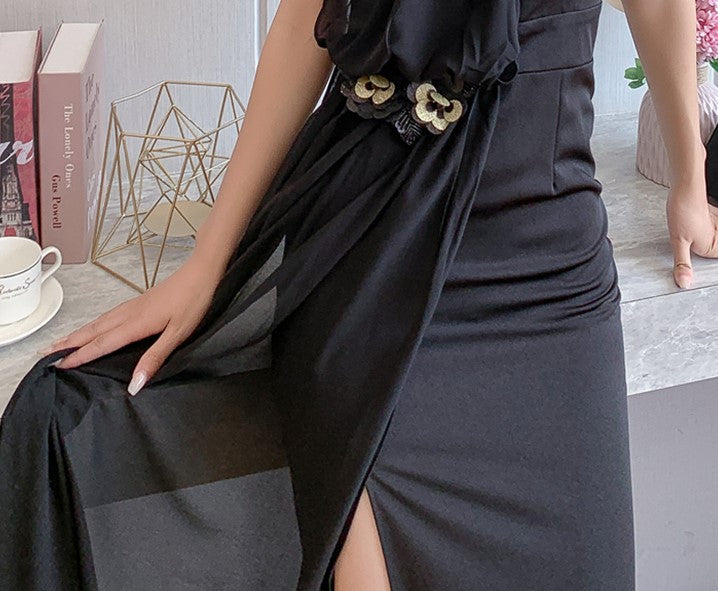 DOLLY Elegant Retro Style Black Sleeveless Halter Neck Long Chiffon Banquet Dress-