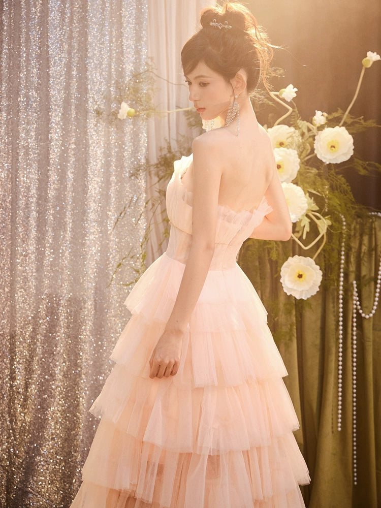 DOLLY Luxury Peach Pink French Style Tube Top Sleeveless High Waist Prom Dress-PEACHES