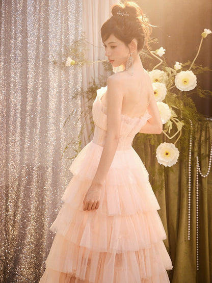 DOLLY Luxury Peach Pink French Style Tube Top Sleeveless High Waist Prom Dress-PEACHES