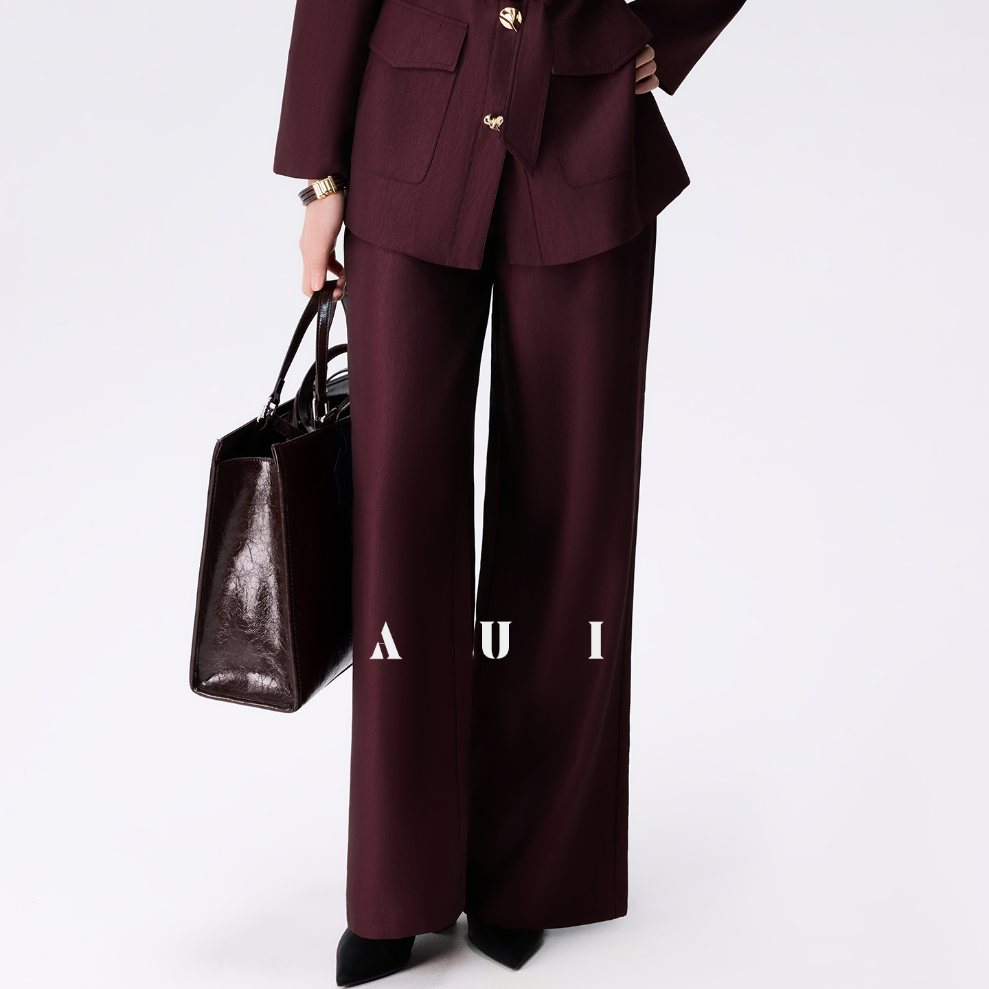 AUI Angora Red Polo Collar Shirt Outer Suit Wide-leg Casual Pants Two-Piece Set -  Hei Ryung.