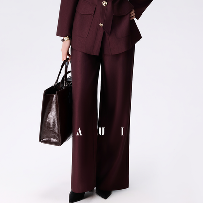 AUI Angora Red Polo Collar Shirt Outer Suit Wide-leg Casual Pants Two-Piece Set -  Hei Ryung.