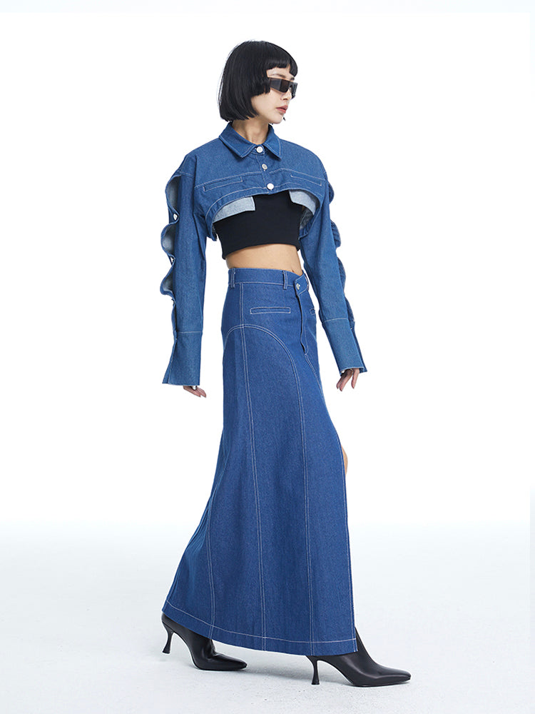 TINY IN large slit long three-dimensional denim skirt -MANNIE