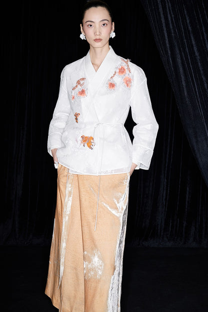 M essential Mackay designer label Quiet lace dahlia Thai lion goldfish studded Kimono Top - NICE.