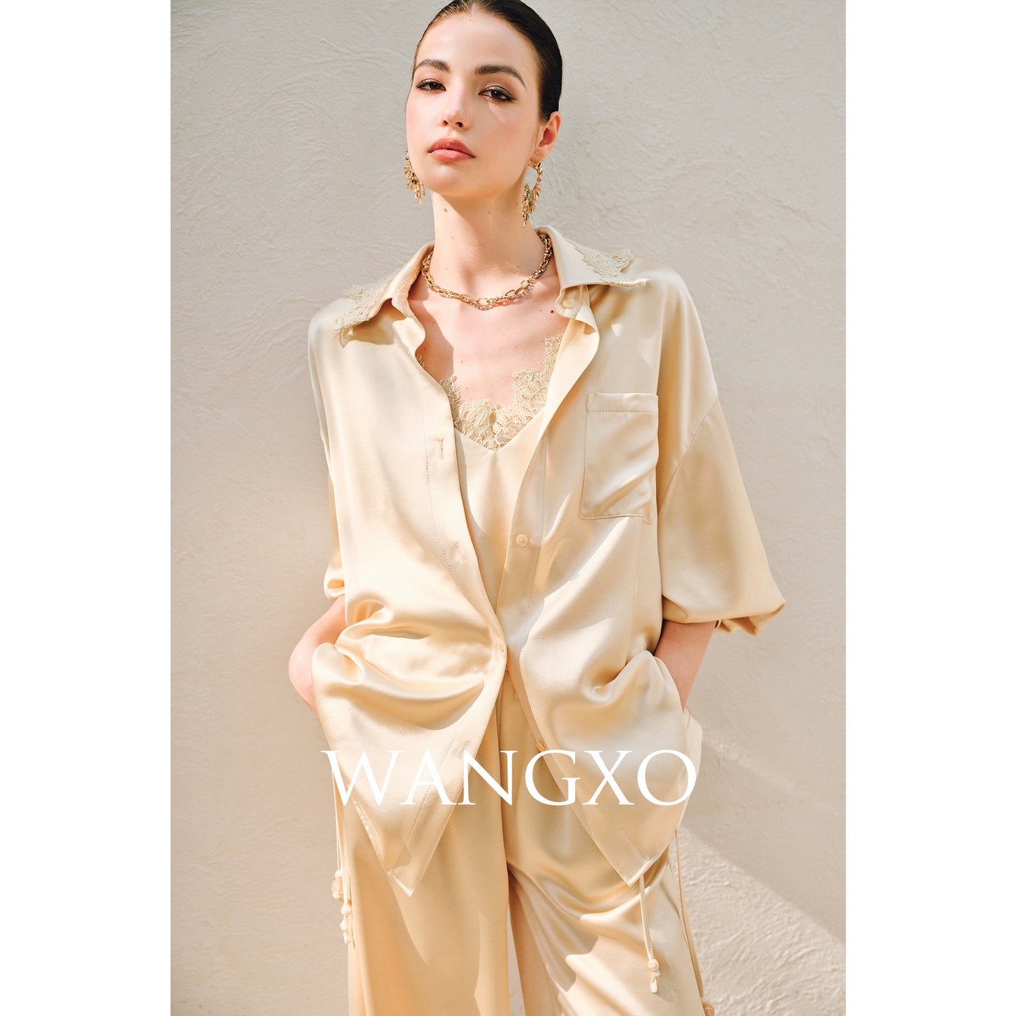 WANGXO | Hemp-Textured Acetate Satin  ight Luxury Lace Suspender, Shirt & Trousers Three-Piece Set- SARI