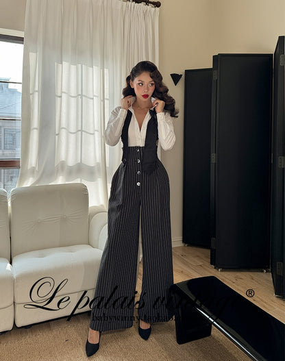 Le Palais Vintage  Black and White Striped Slim Short Jacket Wide/leg Pants-DIO.
