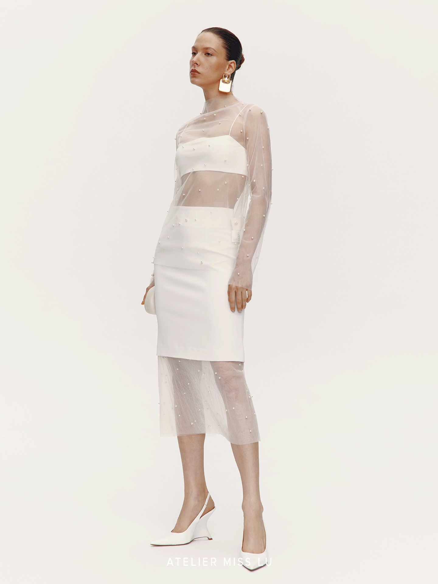 ATELIER MISS LU Pearl Embellished Gauze Spliced Straight Skirt - DRY.