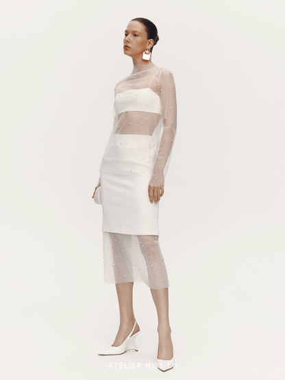 ATELIER MISS LU Pearl Embellished Gauze Spliced Straight Skirt - DRY.
