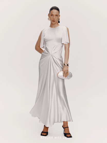 ATELIER MISS LU Draped Acetate Blend Flowing Sleeve Dress - ICING