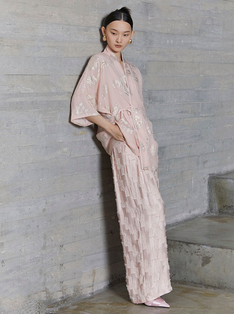 HECO jacquard loose thin wide-leg high waisted black pink apricot PANTS women - PURPOSE.