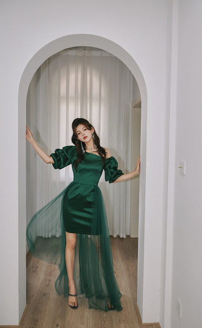 DOLLY Elegant Dark Green Retro Style Slant Collar Short Puff Sleeve Short Banquet Dress-CHITAH